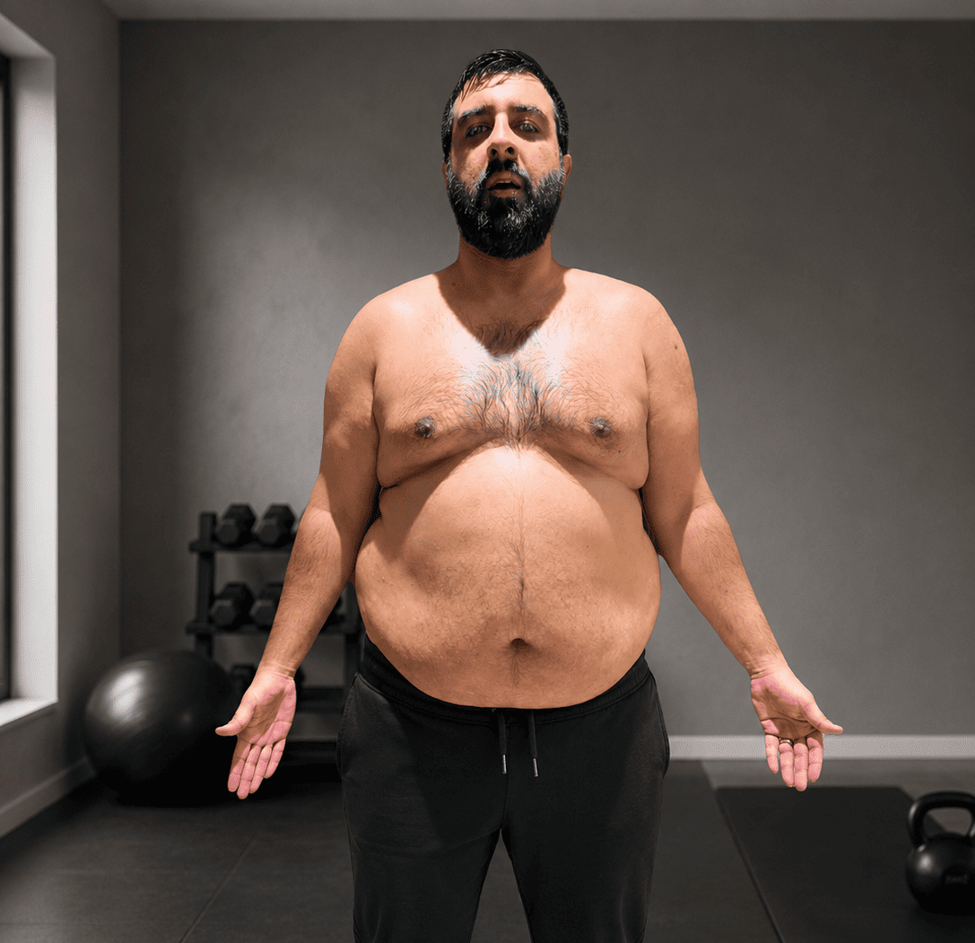 Amer before starting the coaching program at 121 kg, belly visible at starting weight